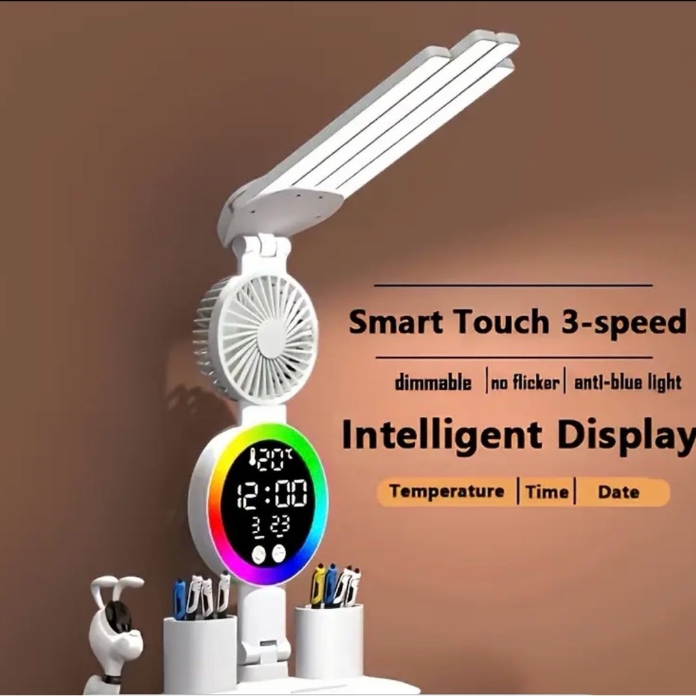 Smart Touch LED Desk Lamp with USB - Dual Head, Dimmable, Fan NIB - Picture 4 of 8